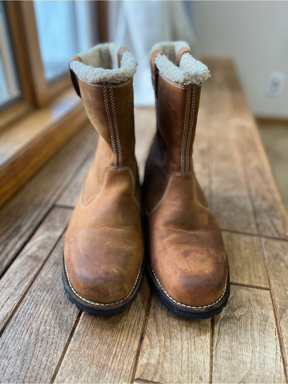 Timberland Brown Leather Shearling-Trim Pull-On Work Boots